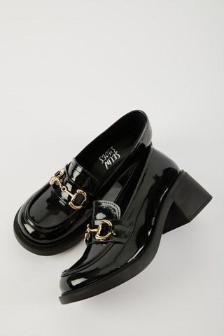 Selin Shoes Hily Gold Aksesuar Detay Kadın Loafer- Siyah Rugan