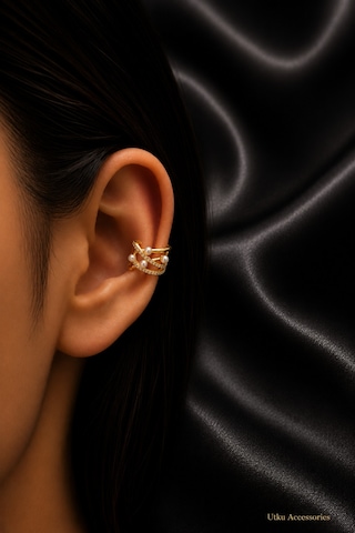 Gold Sıralı İncili Talı Kıkırdak Çelik Küpe Earcuff Altın