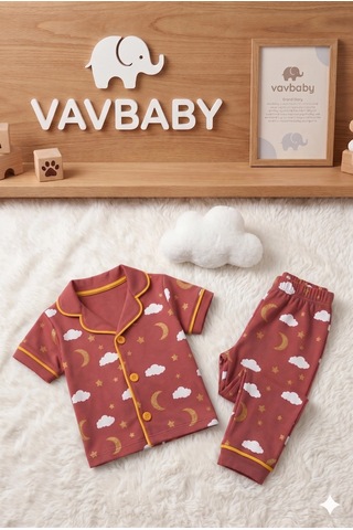 Pamuklu Kruvaze Yaka Önden Düğmeli Bulut-ay Desenli Mevsimlik Alt Üst Pijama Takım-kırmızı