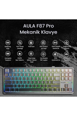 Aula F87 Pro Mekanik Rgb Tkl Graywood V4 Switch Kablosuz Makrolu Hot Swap Klavye Gradyan Gri