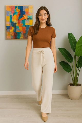 Kadın Yüksek Bel Triko Pantolon Beyaz