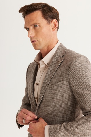 Erkek Kahverengı Slim Fit Dar Kesim Mono Yaka Kareli Yünlü Takım Elbise Kahverengi