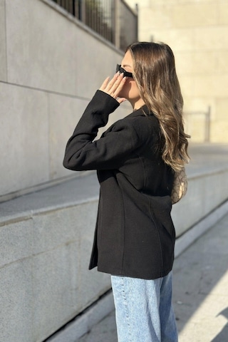 Kadın Siyah Astarlı, Tek Düğme, Vucüda Oturan Kalıp, Fitilli Kaşe Kumaş Blazer Ceket Siyah