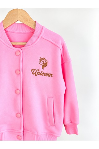 Elzo Collection Kız Çocuk Unicorn Nakış İşlemeli Pembe Kolej Ceket Eşofman Alt Üst Takım