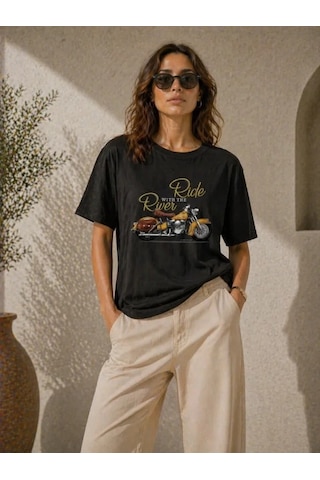 Defymoda Motosiklet Baskılı Tişört Bisiklet Yaka Kısa Kol Yazlık T-shirt - Siyah