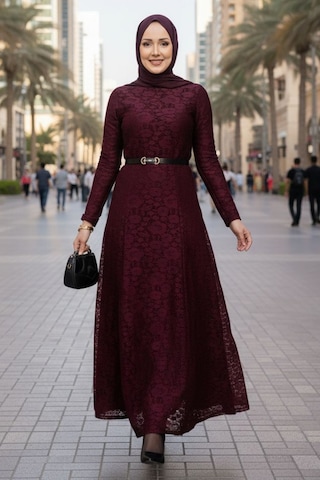 Bestenur Dantel İçi Astarlı Kemerli Elbise 1685 - Bordo Bordo