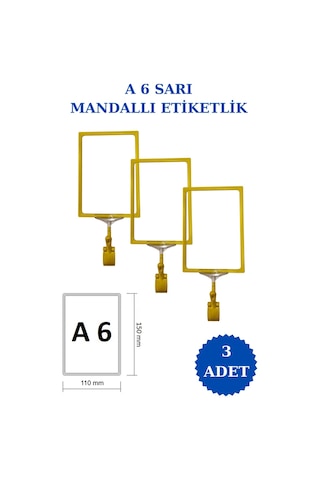 3 Adet Sarı A6 Mandallı Raf Sepet Etiketi Çerçeveli Etiketlik Sarı