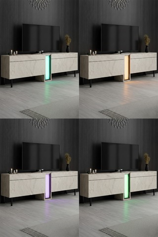 Nova Siyah Demir Ayaklı Rgb Led Işık Sistemli Traverten Tv Ünitesi Tv Sehpası Traverten - Siyah