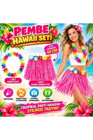 Ren.ga.renk Hawaii Luau Aloha Pembe Püsküllü 40 Cm Etek Ve Hawaii Kolye Seti Rengaren Diğer