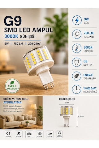 1 Adet 9w 750 Lm 3000k Günışığı G9 Smd Led Ampul