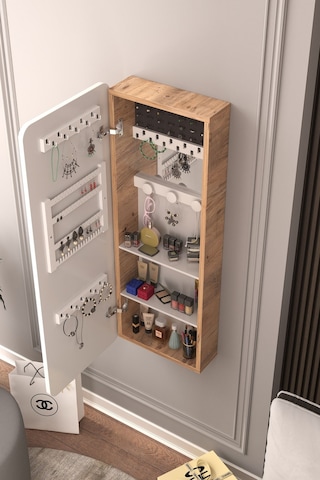 Lune Takı Dolabı Aynalı Çok Amaçlı Hediyelik Takı Dolabı Atlantik Çam Gövde Beyaz Kapak