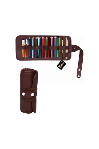 Yuga Suni Deri 36 Gözlü Rulo Kalemlik Bordo Bordo