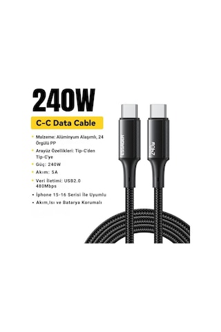 Essager 1 Metre Pd 240w Type-c To Type-c Mega Hızlı Data Şarj Kablosu, Telefon, Tablet, Laptop Şarj Kablosu