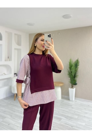 Supplierby Kadın Kristal 2 Iplik Kumaş Yanları Çizgili Takım Bordo