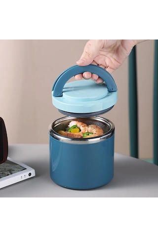 Paslanmaz Çelik Vakumlu Termal Yemek Kabı, Taşınabilir Öğle Yemeği Saklama Kutusu, Çorba Ve Sıcak Yemekler İçin Kapaklı Bento Kutusu, Isı Koruyucu Termos Özellikli Pratik Yemek Kapları MAvi