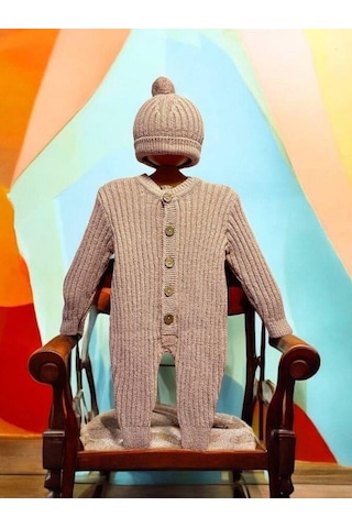 Bebek Örgü Fitilli Bereli Kışlık Tulum-15298 Gül Kurusu