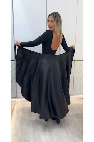 Moderie Butik Kadın Belden Kuşaklı Uzun Deri Etek Siyah