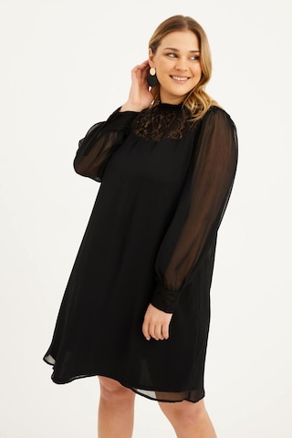 Astarlı Şifon Dantel Detay Elbise-1525 Siyah