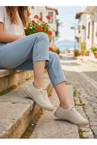 Pepita B667 Keten Lastik Bağcıklı Esnek Memory Foam Taban Kadın Ayakkabı Bej