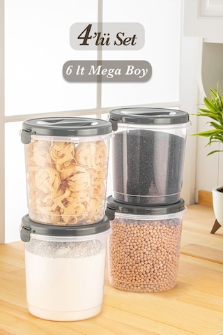 4'lü Un Makarna Bakliyat Kabı Şeffaf Saklama Kutusu Mega Erzak Saklama Kabı 4x6 Lt Gri