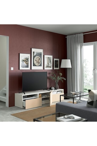 Tv Sehpası, Beyaz-huş Kaplama, 180x42x39 Cm, Bjorkovıken, Fren Raylı Beyaz