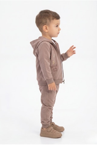 Toontoy Kids Toontoy Erkek Çocuk 3'lü Eşofman Takımı Uzun Kollu Bisiklet Yaka Nakışlı T-shirt - Kapüşonlu Fermuarlı Hırka- Beli Paçası Lastikli Eşofman Altı 25044 Koyu Kahverengi