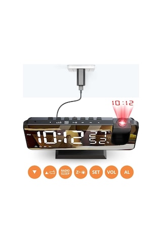 Youtek 7' Led Ayna Ekranlı 180 Projeksiyonlu Alarm Saat - Fm Radyo, Usb Şarj, İki Alarm Ve Uyku Ertelme Fonksiyonu