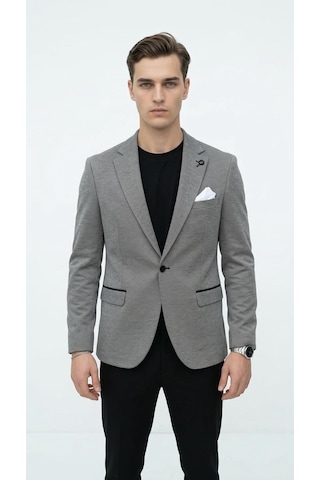 Erkek Siyah Slim Fit Blazer Ceket Tek Düğme Çift Yırtmaç Kollu Yamalı Siyah