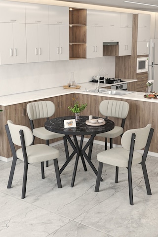 Gnr 90cm Sabit Siyah Mutfak Masası Takımı, Yemek Masası, 4 Modern Krem Sandalye Krem