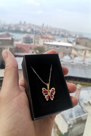 Ervanur Altın Kaplama Fuşya Zirkon Taşlı Kelebek Kolye Altın