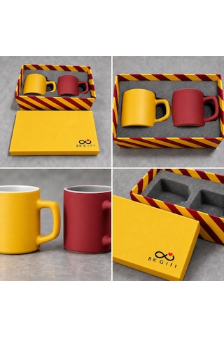 Logonuza Özel 10 Adet Kutulu Sarı Kırmızı Taraftar Temalı Seramik 2'li Fincan Seti Kurumsal Hediye Çok Renkli
