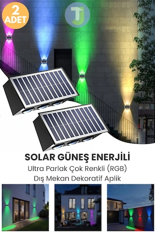 Technojet Solar Güneş Enerjili 6 Ledli Bahçe Aydınlatması Aplik Parlak Rgb Işık Led Lamba 2 Adet Siyah