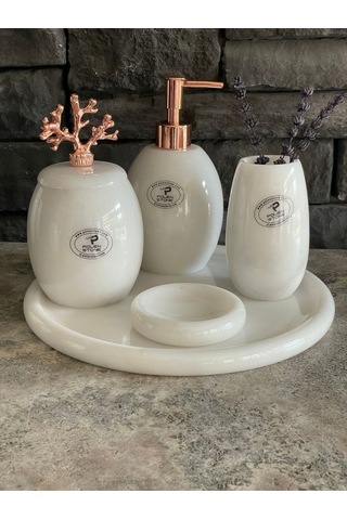 Beyazı Mermer Rose Gold Mercan Aksesuarlı Oval 5,li Banyo Seti Beyaz