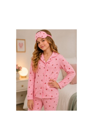 Beka Kids Desenli Uzun Kollu Önden Düğmeli Gömlek Yaka Kız Çocuk Pijama Takımı Ve Göz Bandı Çok Renkli