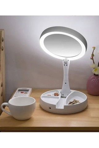 10x Büyütme Çift Taraflı Makyaj Ayna Katlanabilir 21 Led Işıklı Makyaj Aynası Usb Kablo Beyaz
