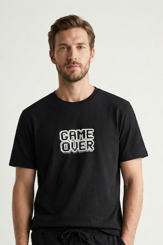 Elemge %100 Pamuk Pijama Üstü T-shirt Süprem Compact Penye Erkek Rahat Kalıp Siyah Kısa Kol Game Over Baskı