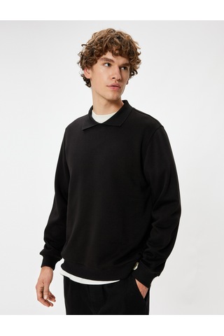 Koton Polo Yaka Sweatshirt Uzun Kollu Şardonlu Pamuk Karışımlı Siyah 5wam70030mk Siyah