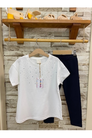 Aysbebe Tişört + Kapri Tayt Kız Çocuklar İçin Yazlık Takım Krem 1411-1544