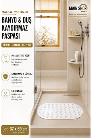 Mainshop Kaydırmaz Duşakabin Banyo Ve Duş Paspası Masajlı Vantuzla Yapışır 37 X 69 Cm M-142 Beyaz