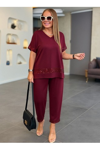 Soonaksesuar Kadın Kısa Kollu V Yakalı Pul Payetli Viskon Iki Iplik Bluz Ve Pantolon Ikili Takım Bordo