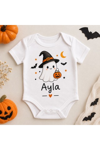 Hanova Creative Halloween Cadılar Bayramı Baskılı Bebek Zıbın Atlet İsme Özel Kişiselleştirilmiş Beyaz