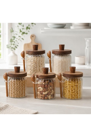 5'li 450 Ml Borosilikat Cam Kavanoz Seti, Ahşap Kapaklı Kaşıklı Küçük Boy Mutfak Saklama Kabı, Kahve, Şeker, Baharat, Kuruyemiş Ve Bakliyat İçin Şık Cam Erzak Kavanozu Çok Renkli