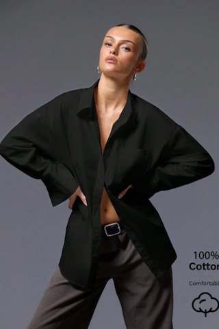 Tarz Cool Kadın Oversize Gömlek Uzun Kollu Basic Salaş Kesim Poplin Trend Şık Günlük Gömlek Siyah
