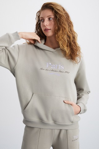 Grimelange Taına Kadın Nakış Detaylı Organik Pamuk Şehir Temalı Regular Kapüşonlu Bej Sweatshirt