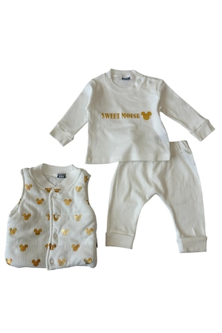 Bellamio Kids Gold Mickey Desenli 3'lü Şişme Yelekli Bebek Takımı Beyaz
