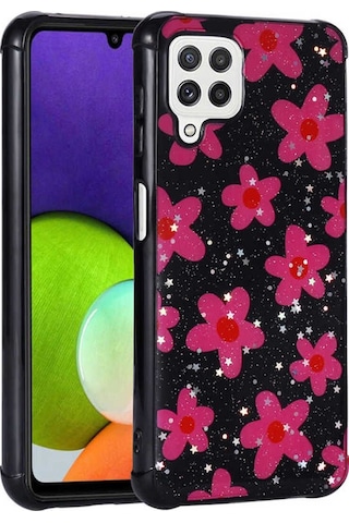 Galaxy A22 4g Kılıf Simli Desenli Kamera Korumalı Parlak Zore Popy Kapak Çiçek