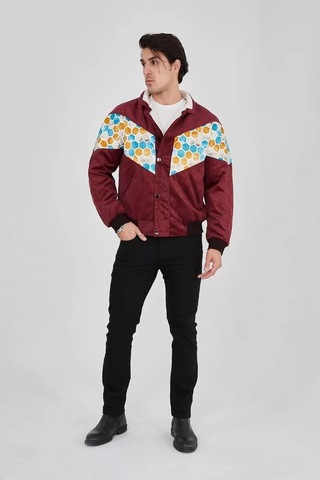 Erkek İçi Astarlı İçten Yaka Kısmı Peluşlu Beyaz Şeritli Vintage Ceket - Mürdüm Mürdüm