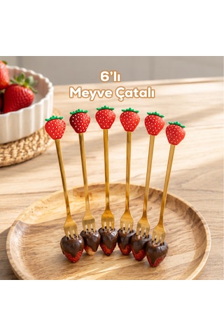 Porsima 1761 Paslanmaz Çelik Çilek Tasarımlı 6lı Gold Renk Meyve Çatalı Seti 16,5cm