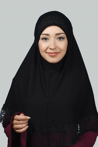Altobeh İkili Set Dantelli Pratik Eşarp Hazır Hijab ve Tesettür Bonesi XL - Siyah