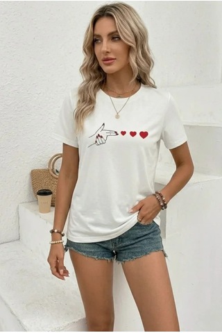 Efnaz Style Minimal Kalp İşaret Baskılı Tişört Kısa Kol Yazlık T-shirt - Beyaz
